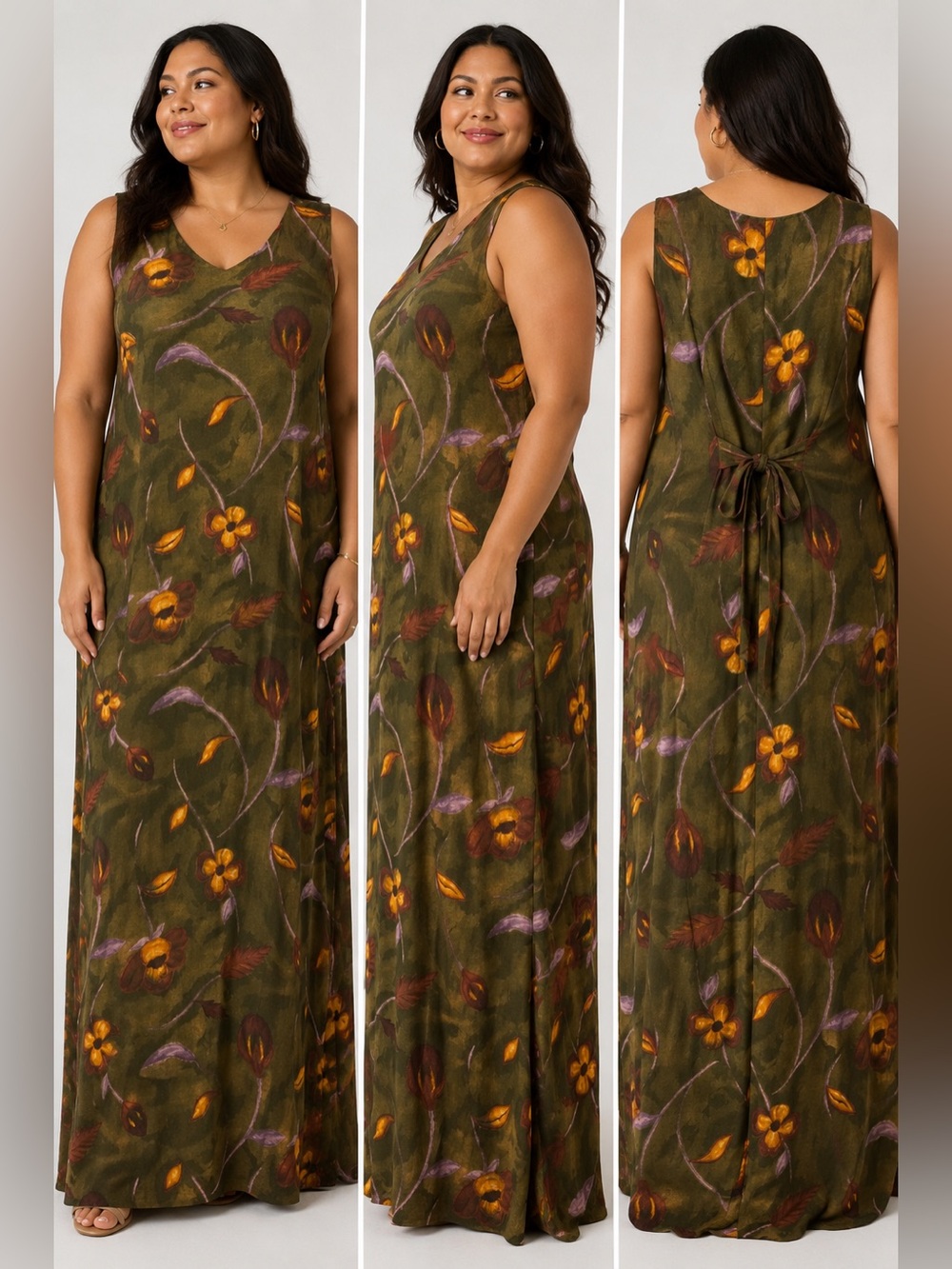 Vintage AGB Byer California Olive Floral Rayon Maxi Dress 2X